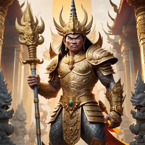 "Thao Wessuwan, the Guardian of Wealth, depicted in traditional attire holding a ceremonial staff."