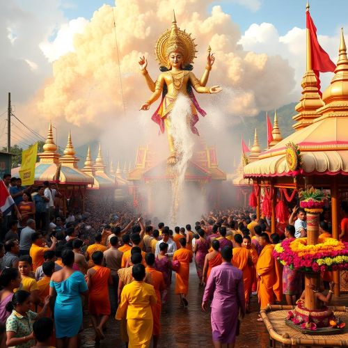 A vibrant Thingyan festival scene in Myanmar featuring celestial deity Thagyamin descending from golden clouds, surrounded by joyous crowds splashing water