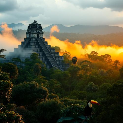 Tikal depicted as a majestic jungle-covered city with towering pyramids symbolizing ancient power and mystery
