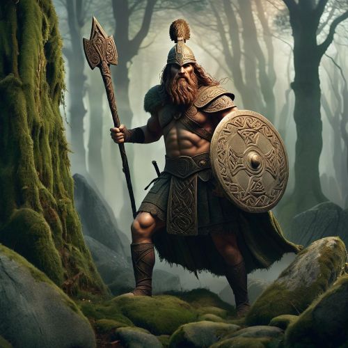 Toutatis depicted in mythic art as a powerful protector deity symbolizing strength and war.
