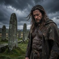 Mythlok - Tuireann Tuireann from Irish legend standing beside ancient Celtic standing stones