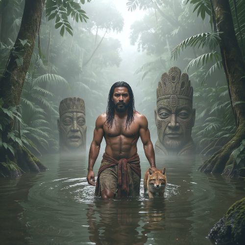 Tumun from Asmat tradition, standing knee-deep in a mist-covered Papuan river