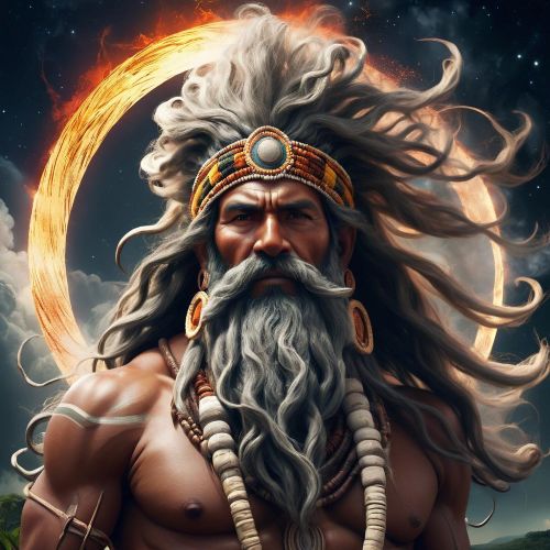 "Tupa, the Supreme God, depicted as a majestic figure radiating divine light and authority."