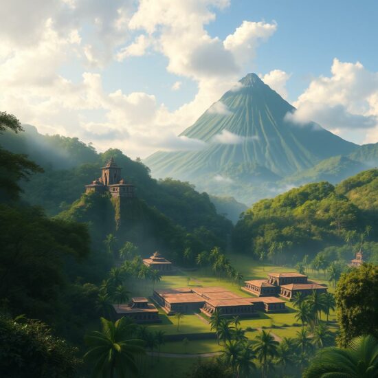 Upano Valley : The Hidden City "Mystical depiction of Upano Valley with ancient structures partially concealed by mist and tropical vegetation."