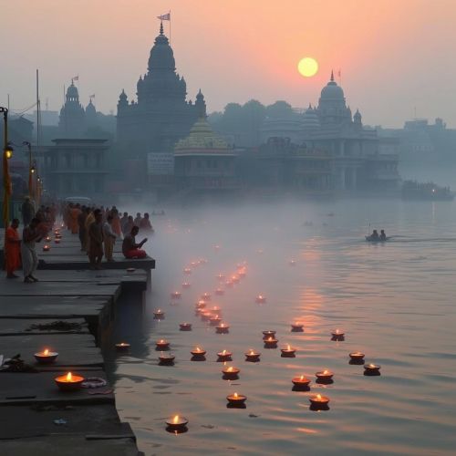 Scene in Varanasi with floating lamps on the Ganges and people gathered along the ghats in a spiritual atmosphere.