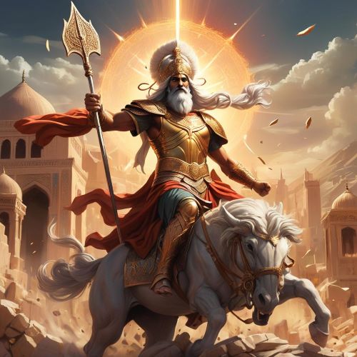 Verethrangna_ depicted in mythic art as a fierce warrior deity symbolizing strength, victory, and divine power.