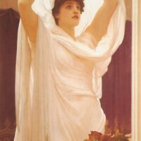 Vesta depicted in classical painting as the goddess of hearth and home, radiating warmth, protection, and devotion.