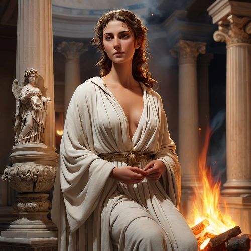 Vesta depicted in radiant art as the Roman goddess of hearth and home, symbolizing warmth, protection, and domestic harmony.