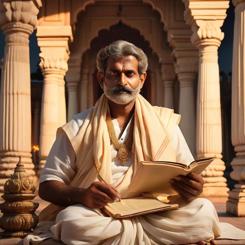 an image of Vidura from Indian mythology—a middle aged nobleman with calm eyes, dressed in simple dhoti and angavastram