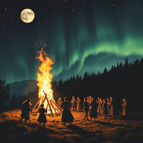 A fiery scene of Walpurgis Night with towering bonfires and people dancing under a starry sky.