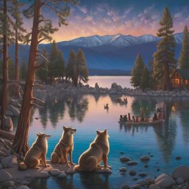 Mythlok - Washoe_ A cultural scene inspired by Washoe mythology: Lake Tahoe at dusk surrounded by Sierra Nevada mountains