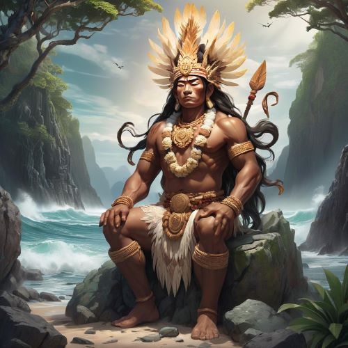 Watauinewa depicted in mythic art as a mystical guardian spirit symbolizing protection, nature, and ancestral power.