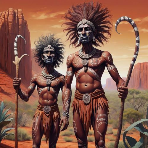 Wati Kutjara depicted in dynamic art as ancestral twin beings symbolizing creation, journey, and sacred storytelling.