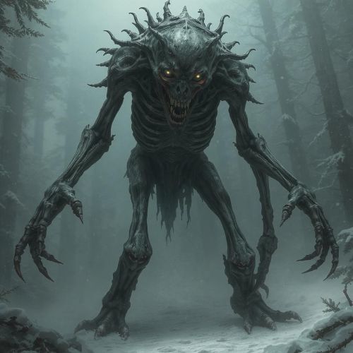 Illustration of the Wendigo with skeletal features and haunting presence.