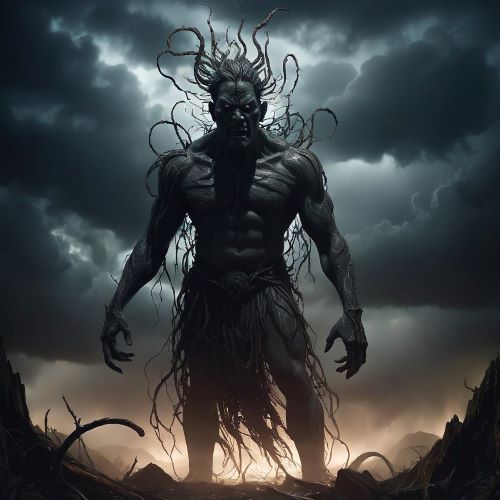Whiro depicted in dark mythic art as a shadowy deity symbolizing chaos and destruction.