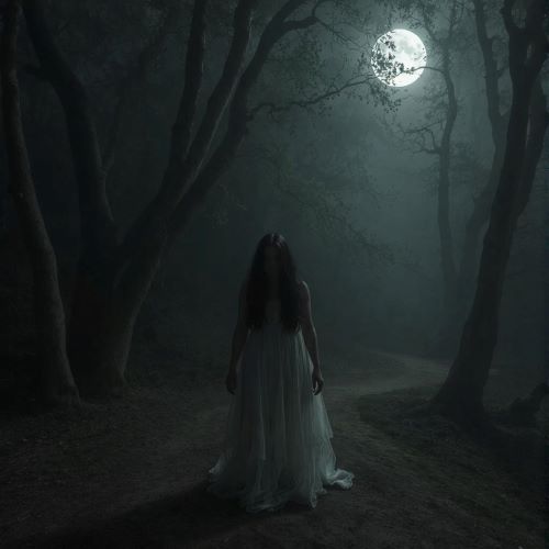 White Lady depicted in ethereal mythic art as a ghostly female figure symbolizing mystery and lingering spirits.