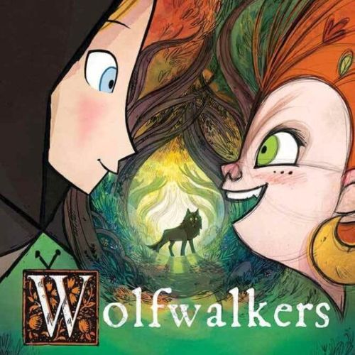 "Wolfwalkers (2020) movie cover showing a girl and wolves silhouetted against a magical, forested landscape with warm, glowing colors."