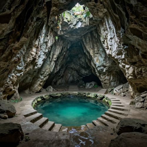 Xibalba : The Maya Underworld Beneath the Earth Xibalba, the Maya underworld, set inside a vast limestone cavern illuminated by faint turquoise cenote light.