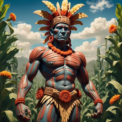 Xipe Totec depicted in mythic art as an Aztec god symbolizing renewal, sacrifice, and rebirth.