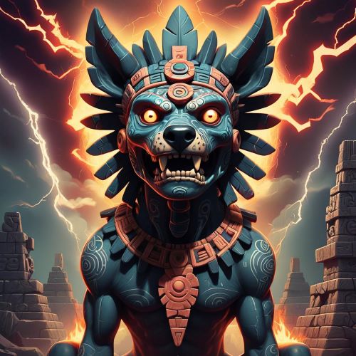 Xolotl depicted as a fiery deity in art, embodying fire, transformation, and protection.