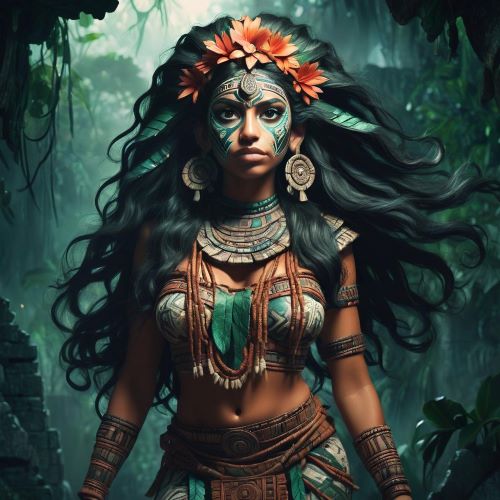 Xtabay depicted in ethereal art as a seductive forest spirit symbolizing temptation, mystery, and danger.