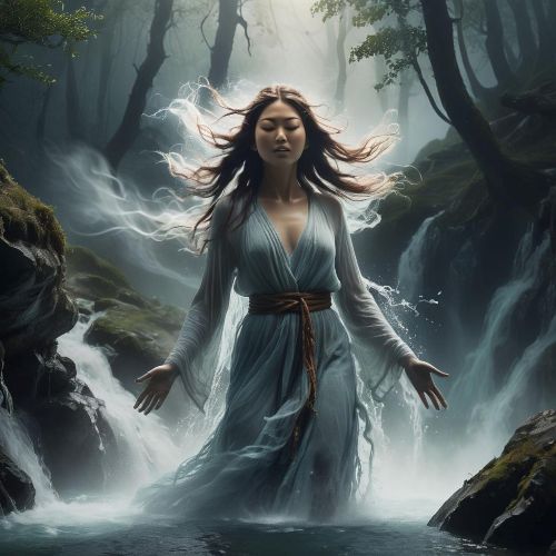 Yer-Sub a mystical female spirit emerging from a mountain spring, with flowing water-like hair,