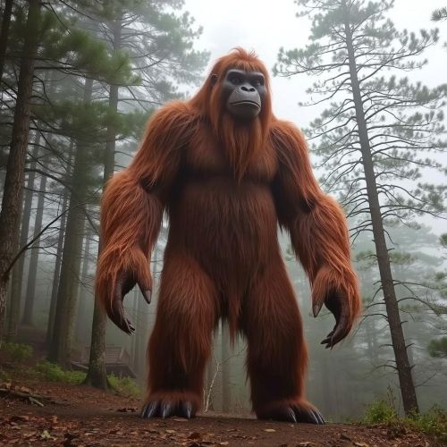 The Chinese bigfoot Yeren standing in misty forested mountains of Shennongjia, China.