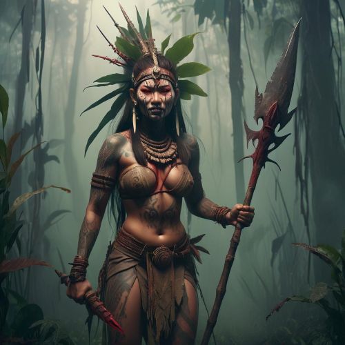 Artistic digital rendering of Ynaguinid holding a serpent staff, with toxic fumes swirling around her.