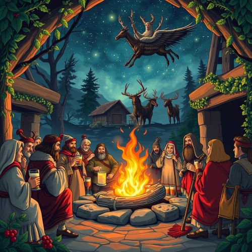 Yule depicted in mythic art as a celebration of winter, renewal, and the turning of the seasons.