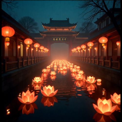 night scene of the Zhongyuan Festival in ancient China