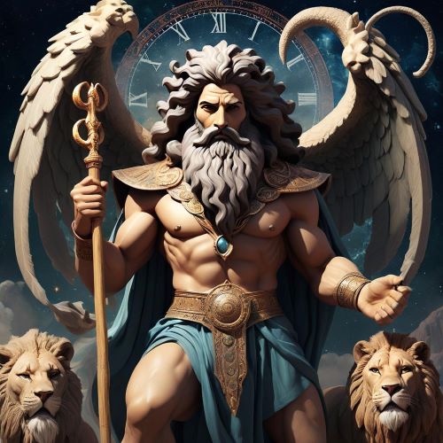 Zurvan depicted in mythic art as a cosmic deity symbolizing infinite time, fate, and balance.