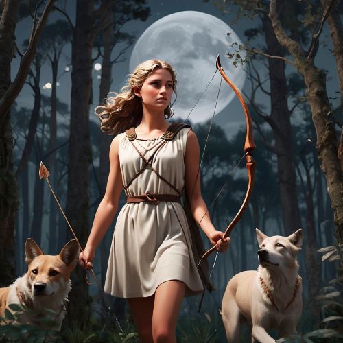 Diana depicted in elegant art as the Roman goddess of the hunt, moon, and nature’s wild grace.