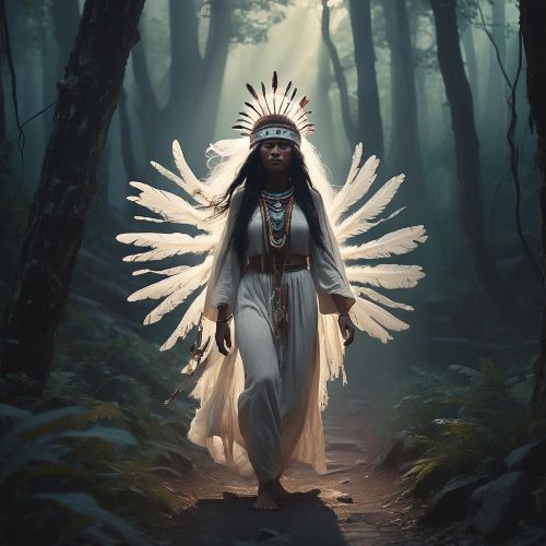 Cherokee spirit Nunnehi walking in a forest