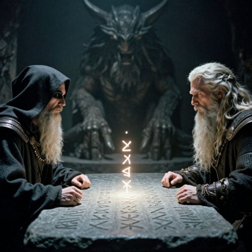 Odin, disguised as a hooded wanderer with one shadowed eye, sits across from the giant Vafthrudnir at a rune-carved stone table discussing Odin's Riddles