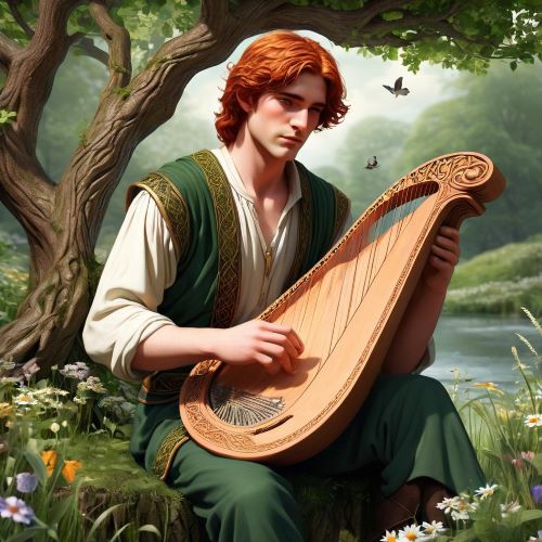 The Irish poet and warrior Oisin sitting under a tree and playing a harp