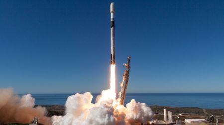 A SpaceX Falcon 9 rocket launches the 131-satellite Transporter 12 rideshare mission from California&rsquo;s Vandenberg Space Force Base on Jan. 14, 2025.