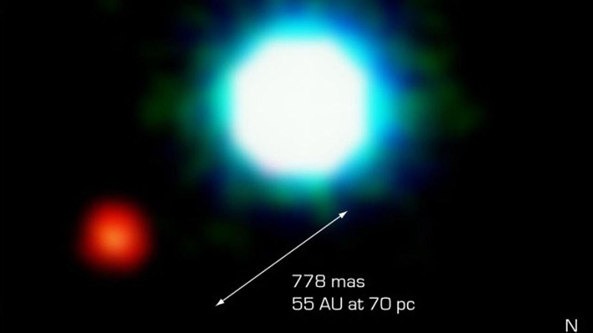 a bright fuzzy white blob with a blue outline lies to the upper right of a small red blob.