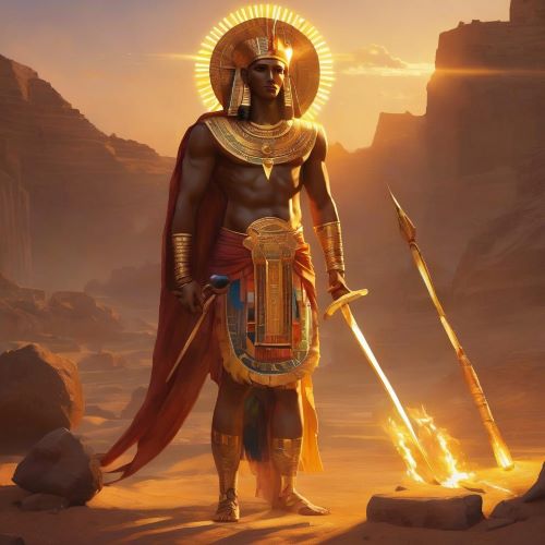 Egyptian god of the Sun Ra standing in the dessert