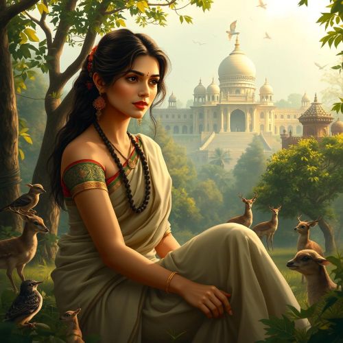 Shakuntala depicted in mythic art as a graceful figure symbolizing love, nature, and devotion.