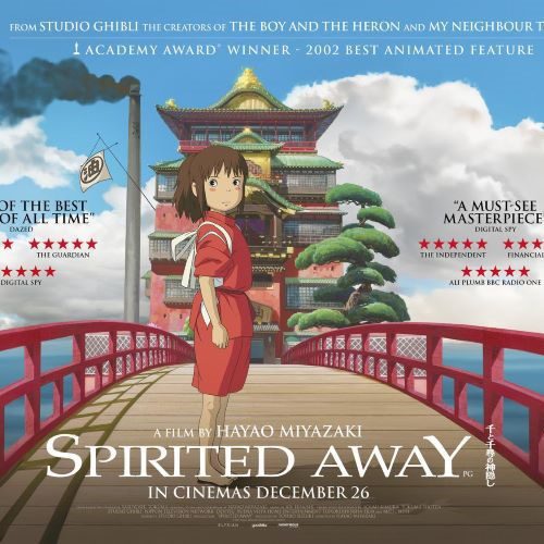 Spirited Away depicted in mythic art as a magical journey through a spirit world, symbolizing growth, courage, and wonder.