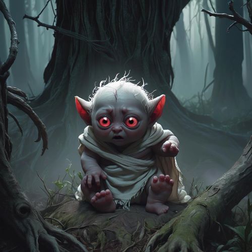 Image of the Tiyanak sitting in a dark and gloomy forest in the Philippines