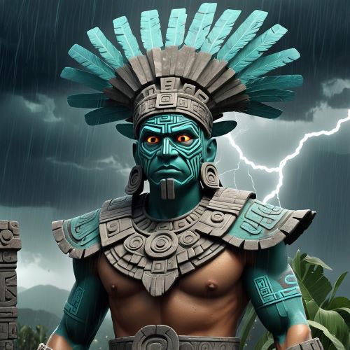 Image of the Aztec rain and storm god Tlaloc, wielder of lightning and bringer of fertility and water.