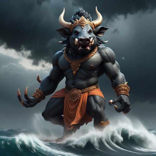 Image of Varaha, the boar incarnation of Vishnu rescuing the Earth and symbolizing strength and protection.