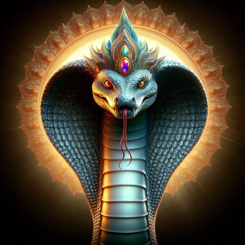 Image of the mighty serpent king Vasuki coiled around the cosmic mountain, symbolizing strength and divine protection