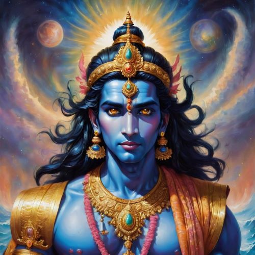 Image of Vishnu, the preserver god of Hinduism, depicted with cosmic attributes and divine aura