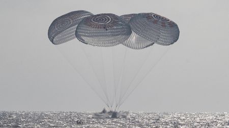 SpaceX's Crew Dragon capsule Freedom lands with NASA astronauts Jessica Meir and Jack Hathaway, ESA astronaut Sophie Adenot and Roscosmos' Andrey Fedyaev aboard in the Pacific Ocean on Oct. 8, 2026.