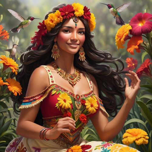 Image of Xochiquetzal, the vibrant Aztec goddess of love, beauty, and fertility.