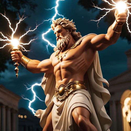 Image of Zeus, the king of Greek gods, wielding thunder and lightning as the ruler of sky and heavens.