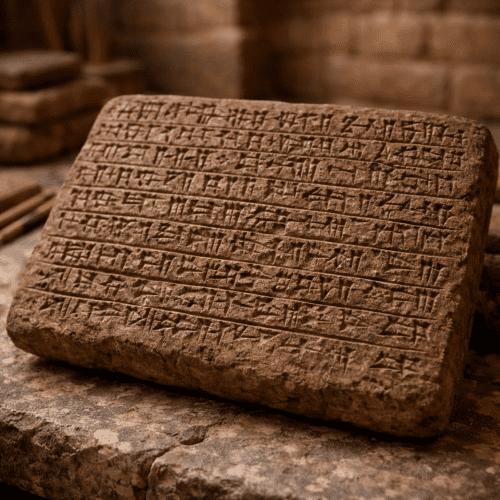 an ancient clay tablet covered in authentic Classical Sumerian cuneiform script