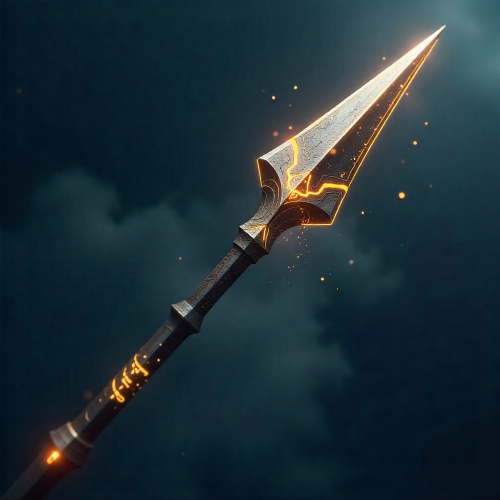 Gungnir, Odin’s legendary spear, depicted in stunning photorealistic detail. The spear’s shaft is carved with glowing golden runes that emit a faint, mystical light.